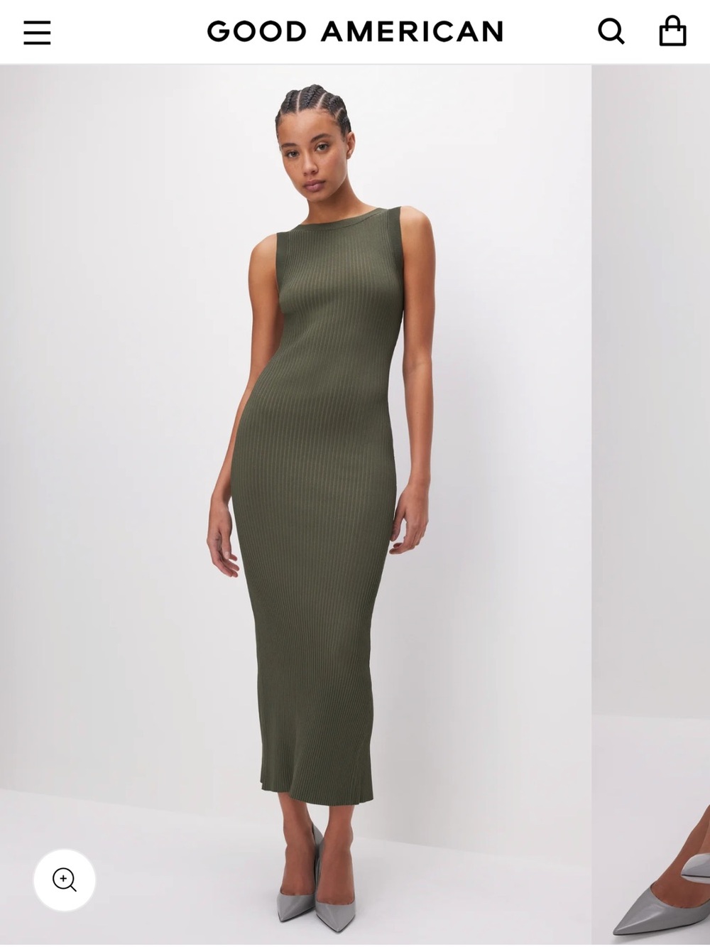 GOOD AMERICAN Stretch Rib Scoop Back Midi Dress in Green small stretchy - Picture 3 of 8